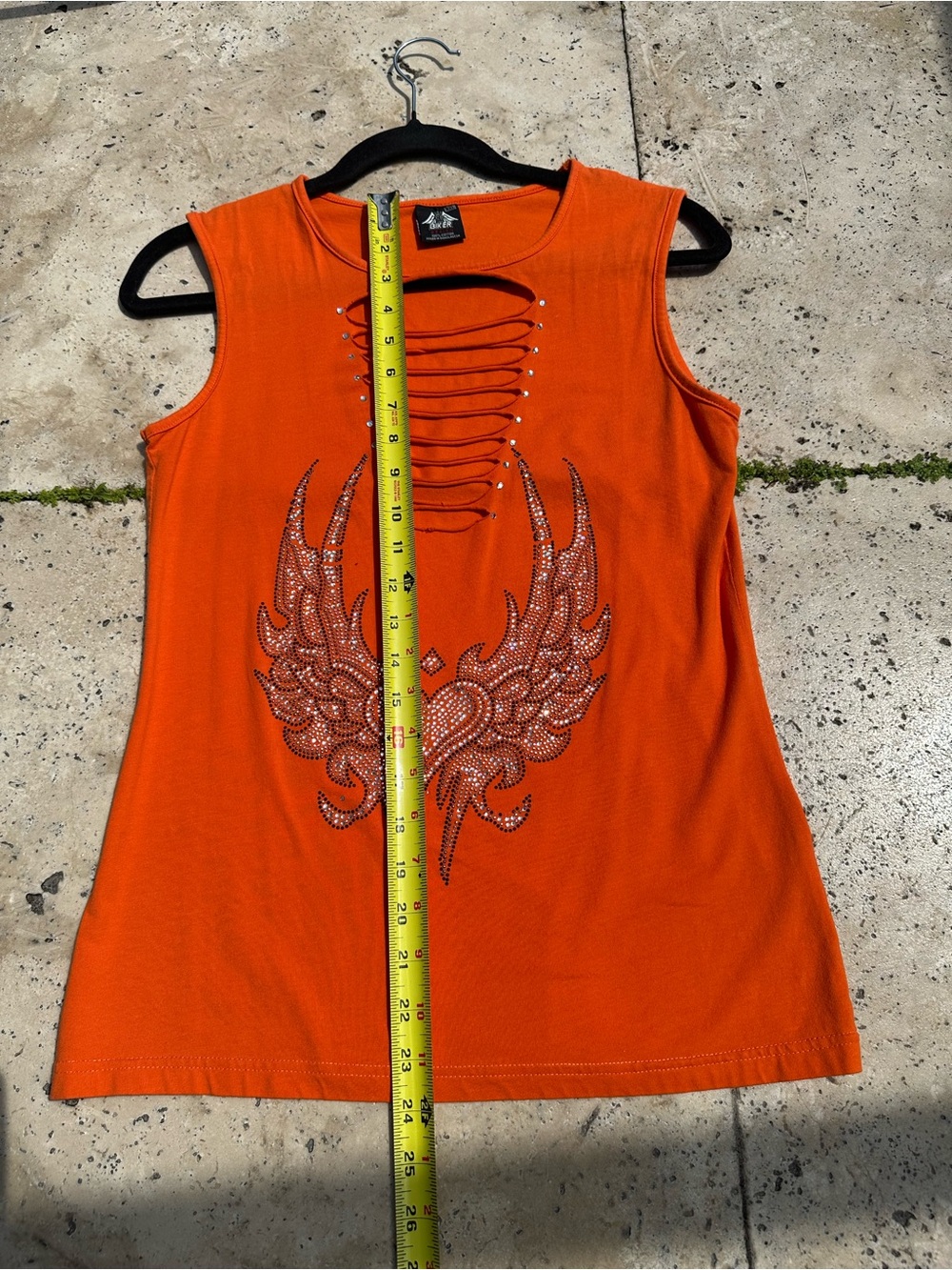 Biker Brand XXL Rhinestone Studded Heart With wings & Ladder Cut Out Orange Tank